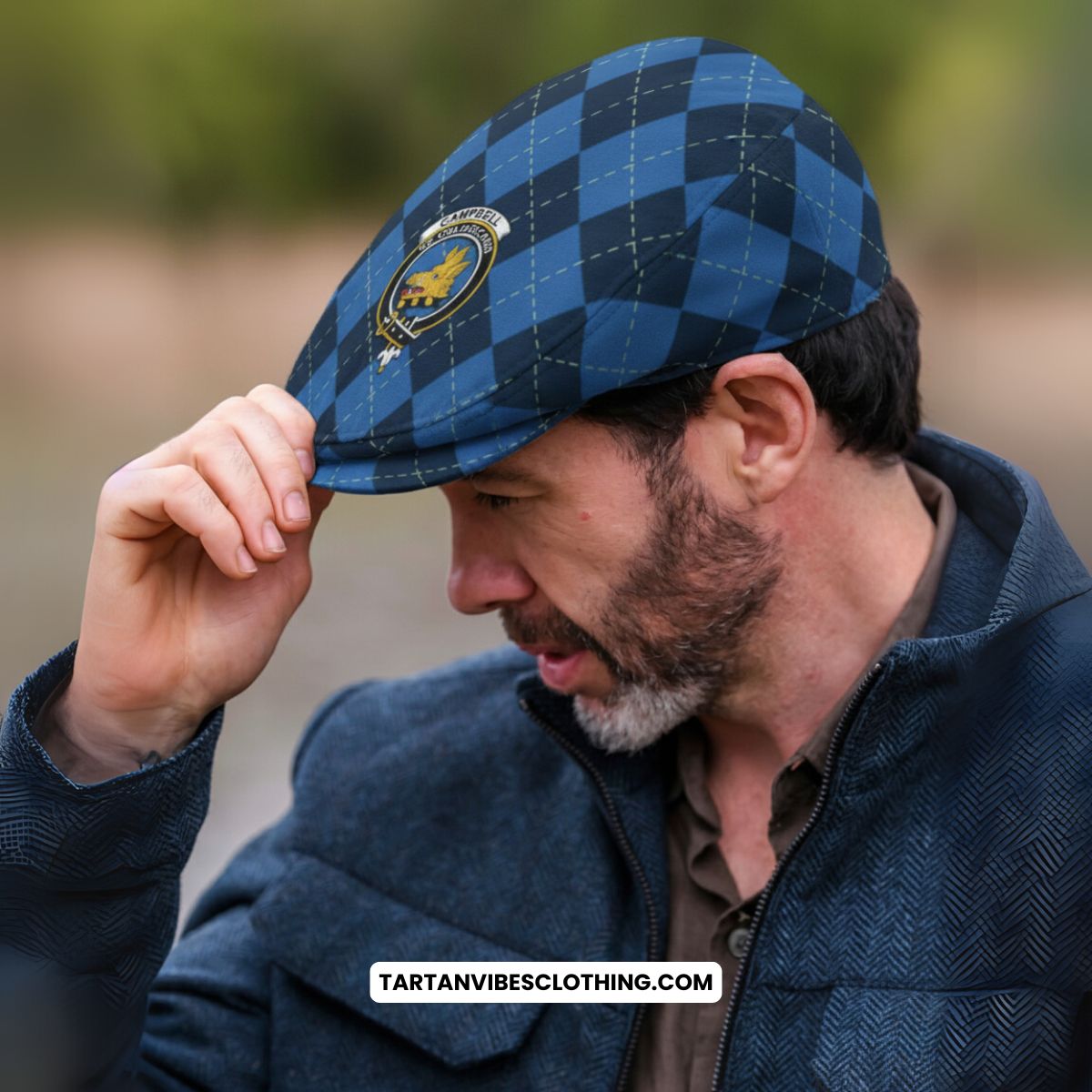 Campbell Scottish Family Crest Flat Cap, Jeff Cap Navy Argyle Classic Style