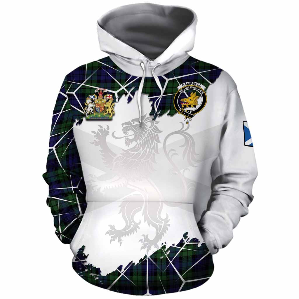 Campbell Tartan Cotton Hoodie with Family Crest and Lion Rampant Grunge Style