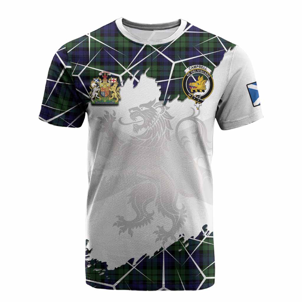 Campbell Tartan Cotton T-shirt with Family Crest and Lion Rampant Grunge Style