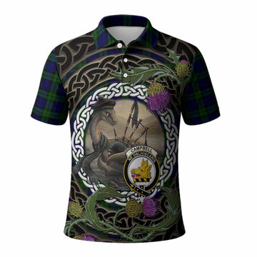 Campbell Tartan Crest Bagpipe Nessie Polo Shirt Scottish Loch Ness Monster Celtic Thistle