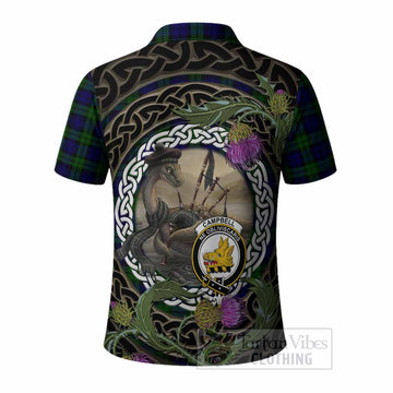 Campbell Tartan Crest Bagpipe Nessie Polo Shirt Scottish Loch Ness Monster Celtic Thistle