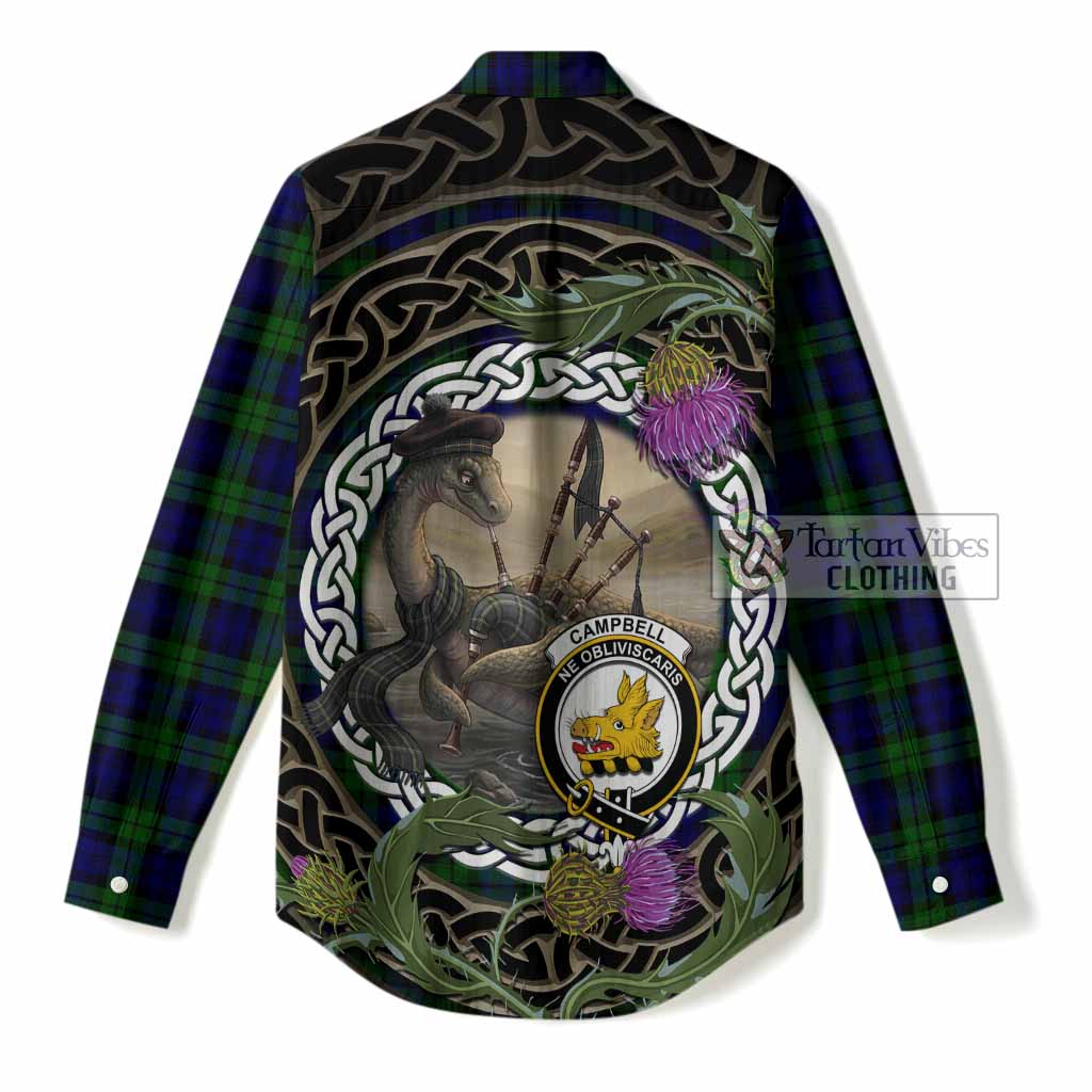 Campbell Tartan Crest Bagpipe Nessie Women Casual Shirt Scottish Loch Ness Monster Celtic Thistle