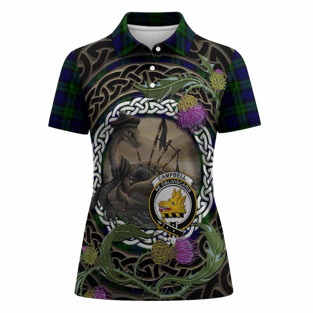Campbell Tartan Crest Bagpipe Nessie Women Polo Shirt Scottish Loch Ness Monster Celtic Thistle