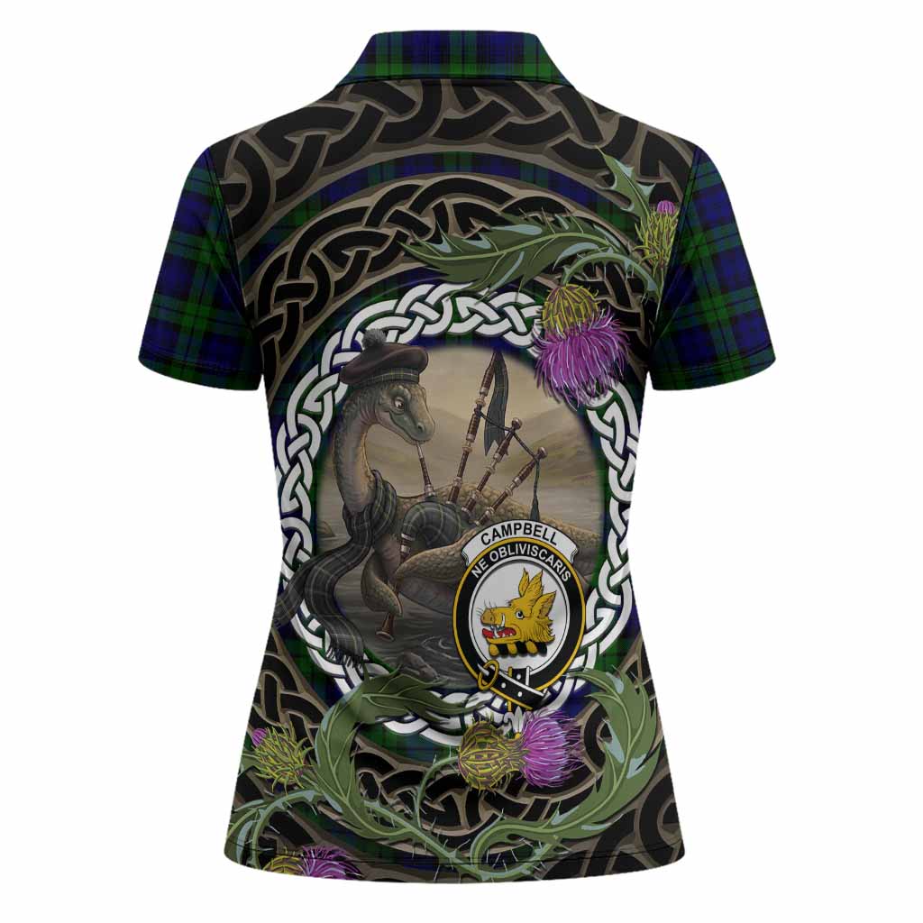 Campbell Tartan Crest Bagpipe Nessie Women Polo Shirt Scottish Loch Ness Monster Celtic Thistle