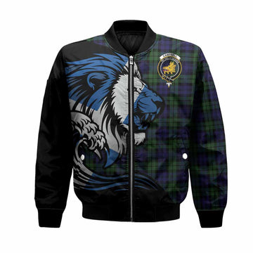 Campbell Tartan Crest Bomber Jacket Scottish Golden Lions Wave Flow