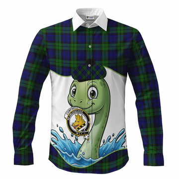 Campbell Tartan Crest Cute Nessie Long Sleeve Button Shirts Scottish Loch Ness Monster
