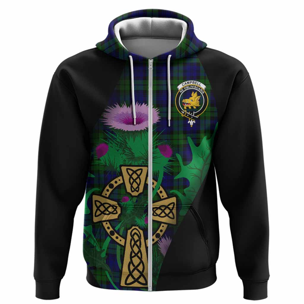 Campbell Tartan Crest Hoodie Celtic Cross Thistle Flowers