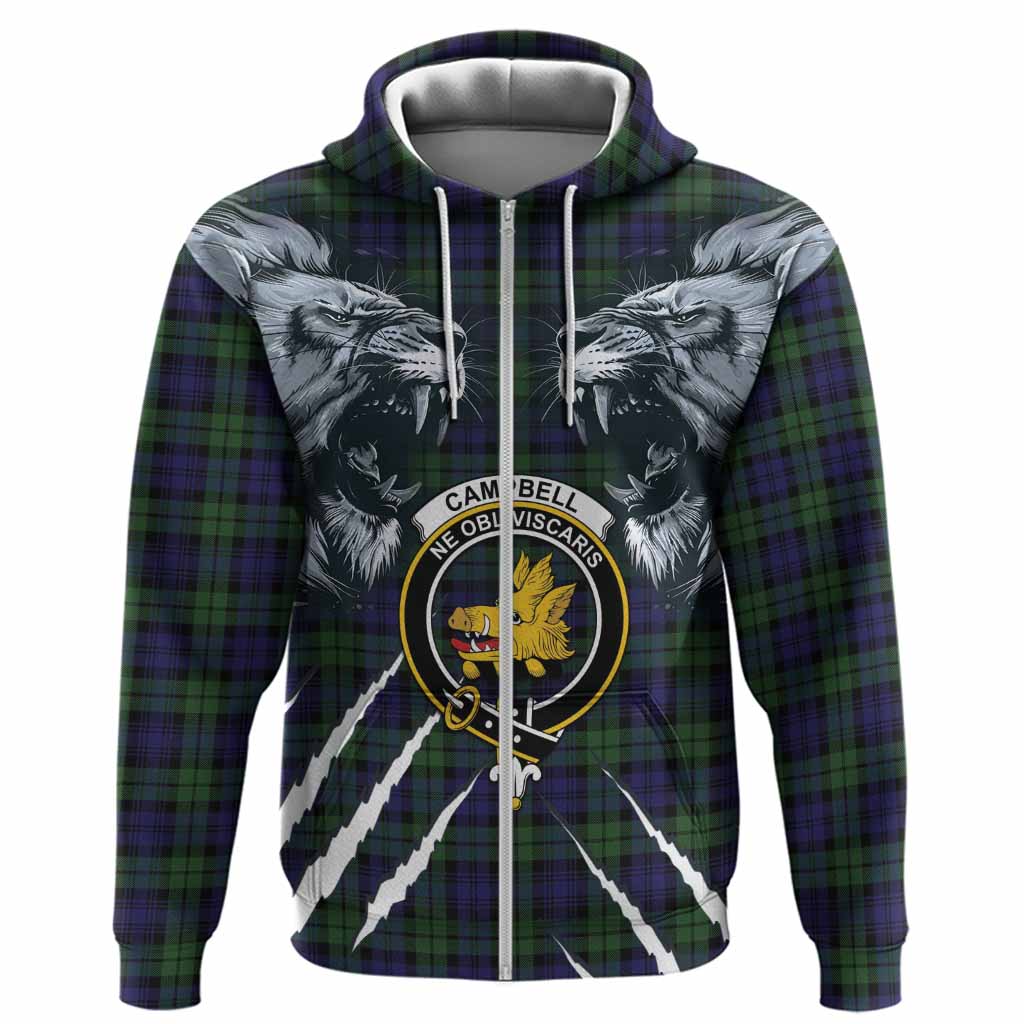 Campbell Tartan Crest Hoodie Ferocious Lion Style