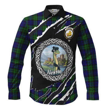 Campbell Tartan Crest Loch Ness Monster Long Sleeve Button Shirts Celtic Knot Nessie Art