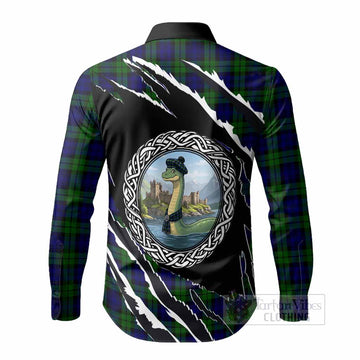 Campbell Tartan Crest Loch Ness Monster Long Sleeve Button Shirts Celtic Knot Nessie Art