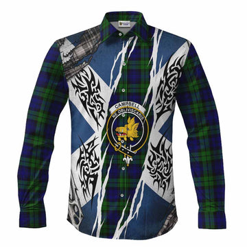 Campbell Tartan Crest Long Sleeve Button Shirts Scotland Flag Ripped Tribal Design