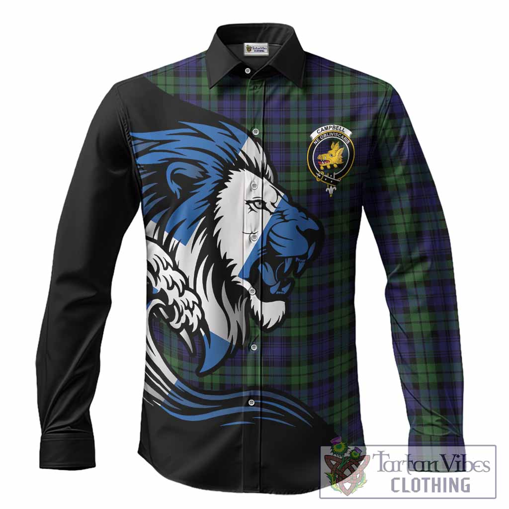 Campbell Tartan Crest Long Sleeve Button Shirts Scottish Golden Lions Wave Flow