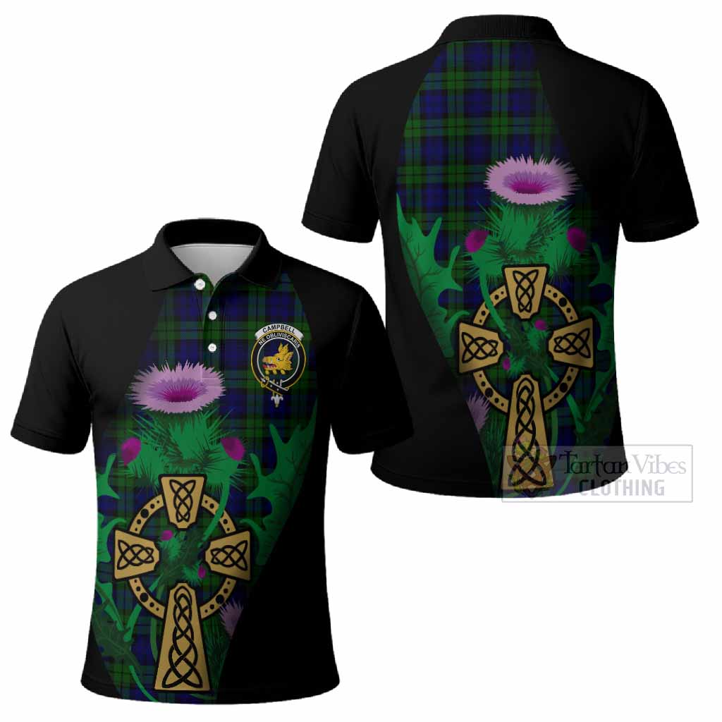 Campbell Tartan Crest Polo Shirt Celtic Cross Thistle Flowers