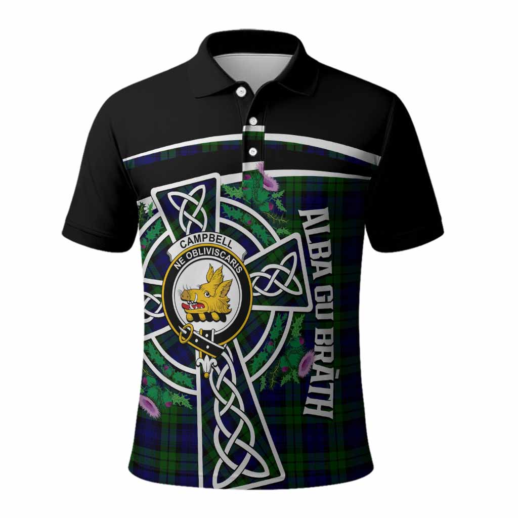 Campbell Tartan Crest Polo Shirt Scottish Thistle Celtic Cross Alba Gu Brath