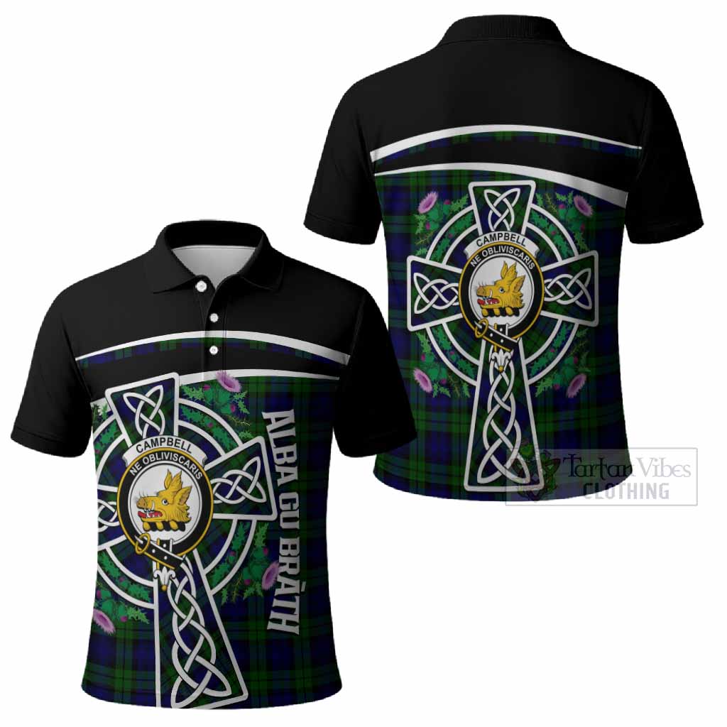 Campbell Tartan Crest Polo Shirt Scottish Thistle Celtic Cross Alba Gu Brath