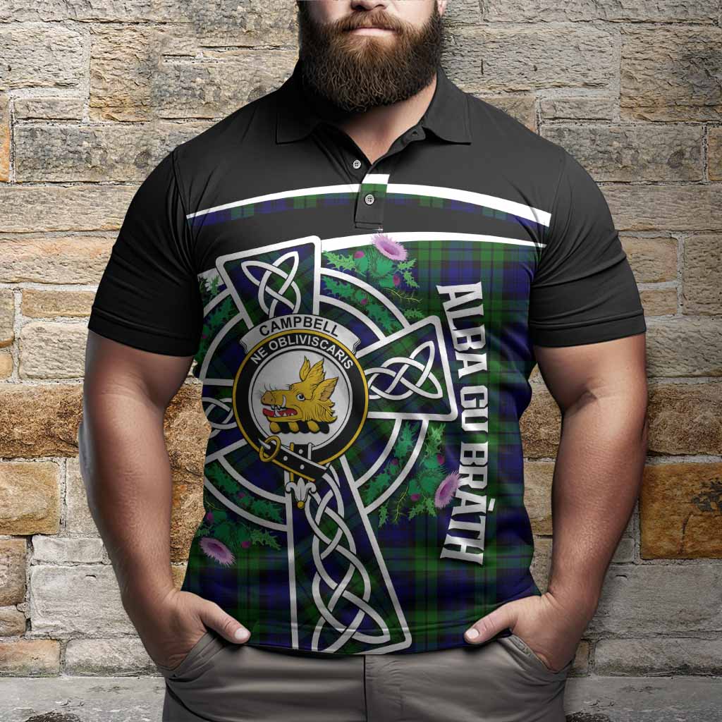 Campbell Tartan Crest Polo Shirt Scottish Thistle Celtic Cross Alba Gu Brath
