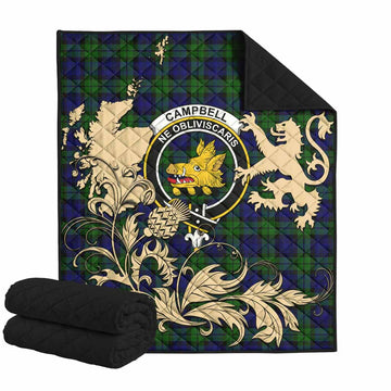 Campbell Tartan Crest Premium Quilt with Scottish Iconic Symbols 