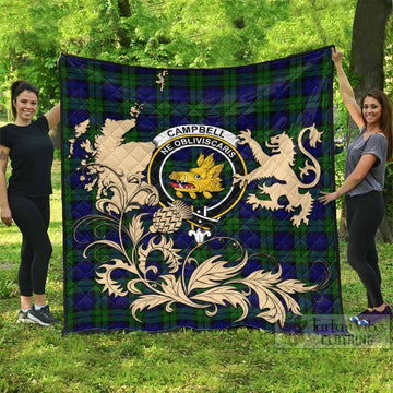 Campbell Tartan Crest Premium Quilt with Scottish Iconic Symbols 