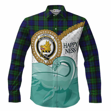Campbell Tartan Crest Scottish Loch Ness Monster Long Sleeve Button Shirts Happy Ness Scotland Celtic Knot