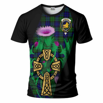 Campbell Tartan Crest T-Shirt Celtic Cross Thistle Flowers