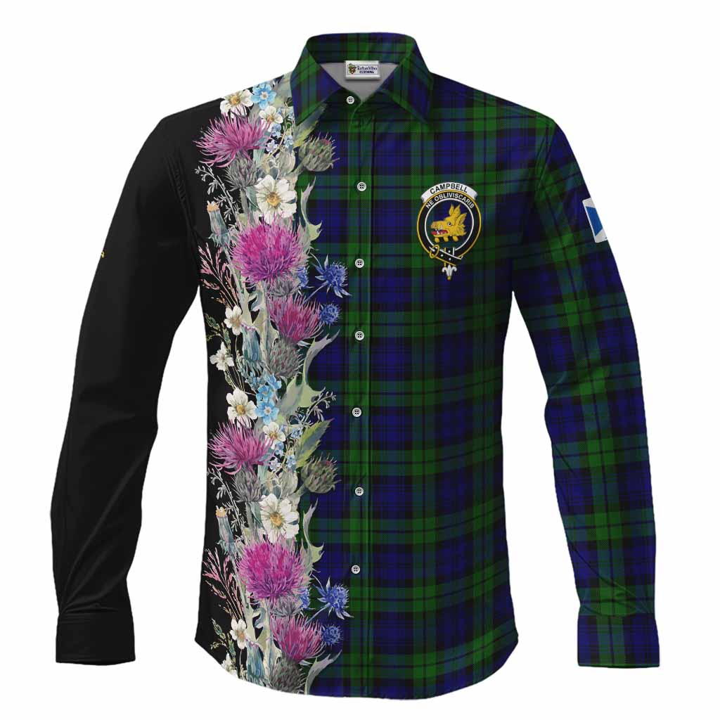 Campbell Tartan Crest Thistle Floral Long Sleeve Button Shirts Men's Shirt S - Tartan Vibes Clothing