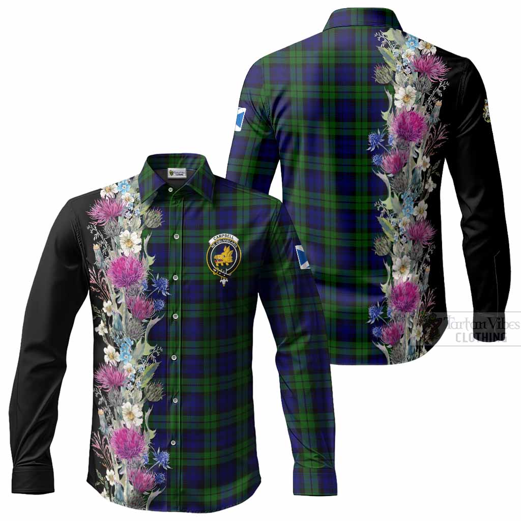 Campbell Tartan Crest Thistle Floral Long Sleeve Button Shirts Men's Shirt - Tartan Vibes Clothing