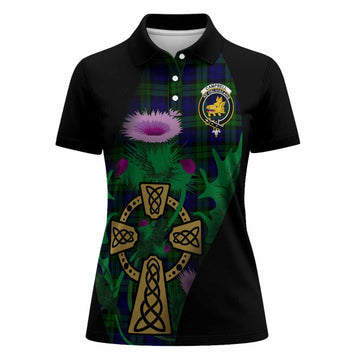 Campbell Tartan Crest Women Polo Shirt Celtic Cross Thistle Flowers