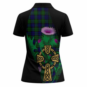 Campbell Tartan Crest Women Polo Shirt Celtic Cross Thistle Flowers