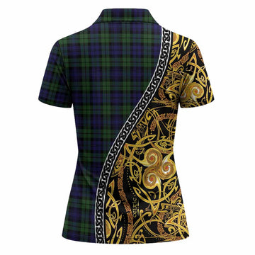 Campbell Tartan Crest Women Polo Shirt Celtic Knot and Triple Trickle Spiral Symbols
