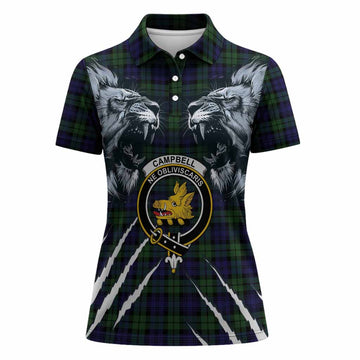Campbell Tartan Crest Women Polo Shirt Ferocious Lion Style