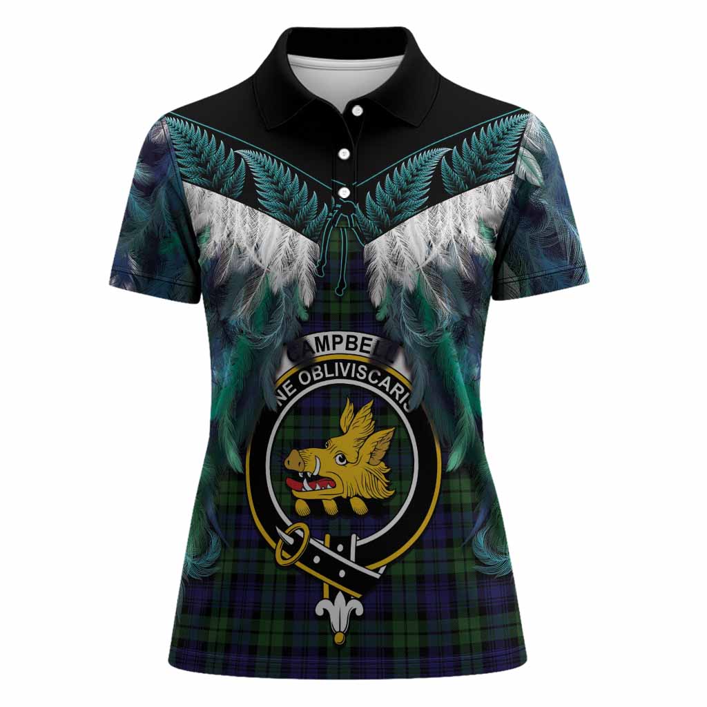 Campbell Tartan Crest Women Polo Shirt New Zealand Maori Korowai Cloak