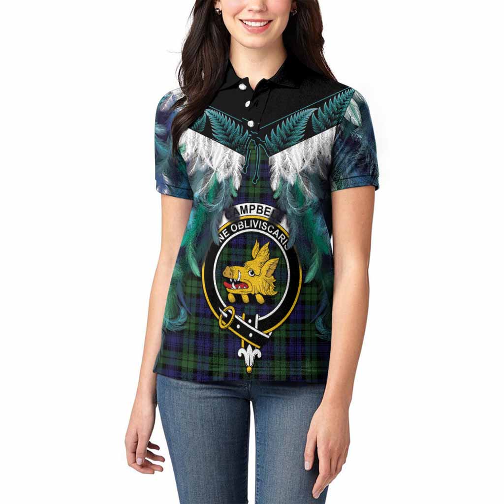 Campbell Tartan Crest Women Polo Shirt New Zealand Maori Korowai Cloak