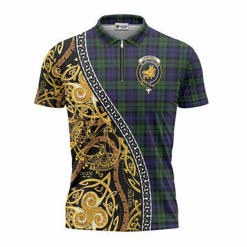 Campbell Tartan Crest Zipper Polo Shirt Celtic Knot and Triple Trickle Spiral Symbols