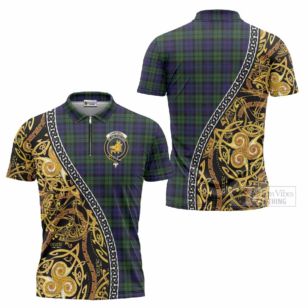 Campbell Tartan Crest Zipper Polo Shirt Celtic Knot and Triple Trickle Spiral Symbols