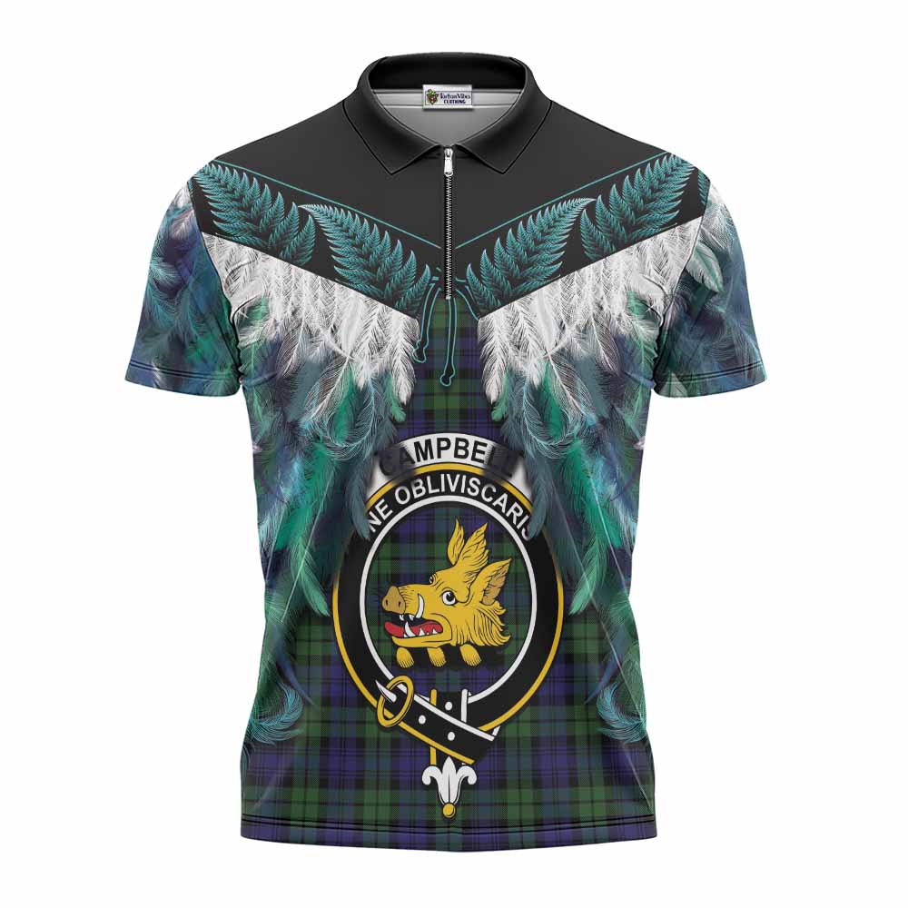 Campbell Tartan Crest Zipper Polo Shirt New Zealand Maori Korowai Cloak