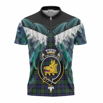 Campbell Tartan Crest Zipper Polo Shirt New Zealand Maori Korowai Cloak
