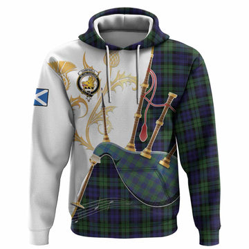Campbell Tartan Family Crest Hoodie Bagpipes with Scottish Thistle