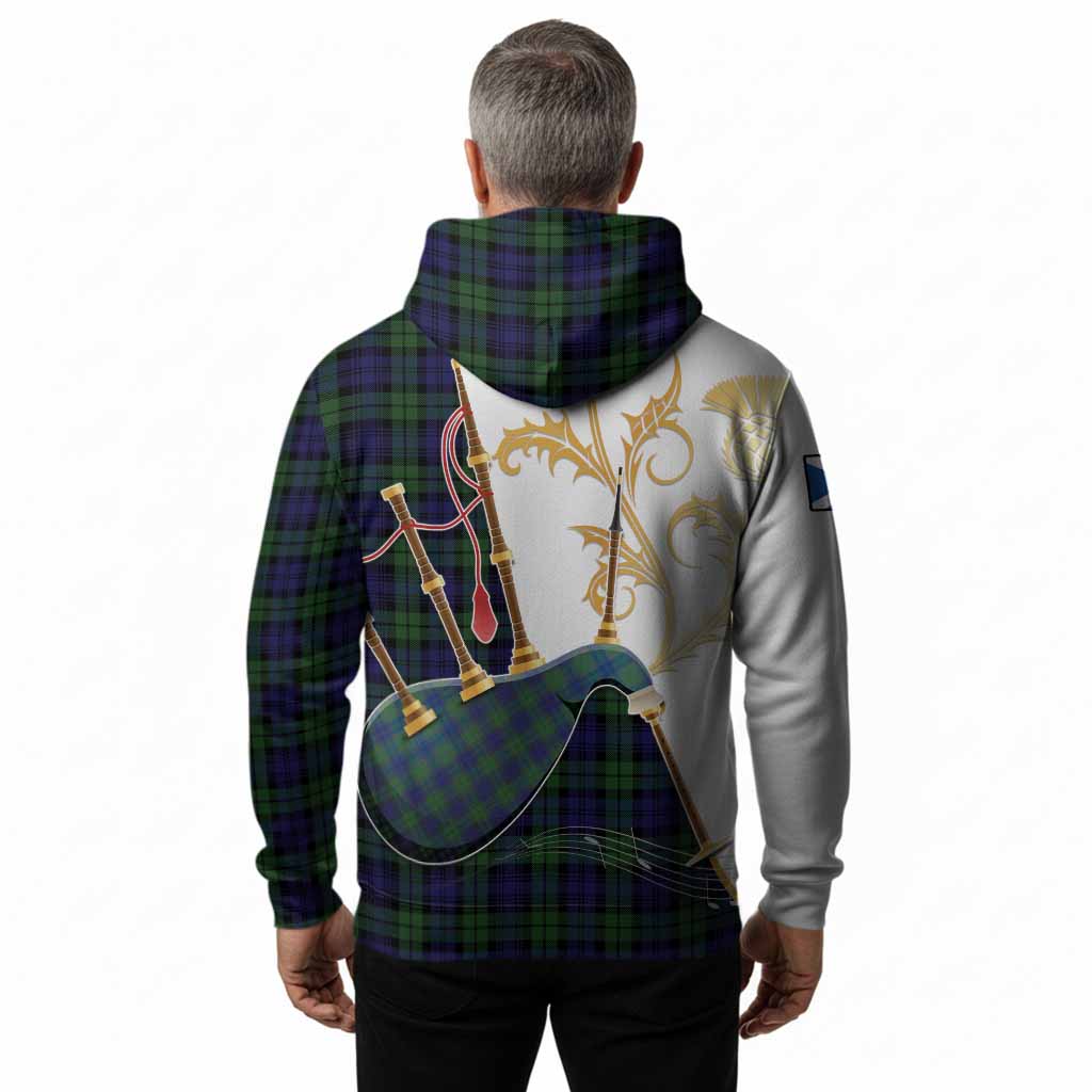 Campbell Tartan Family Crest Hoodie Bagpipes with Scottish Thistle