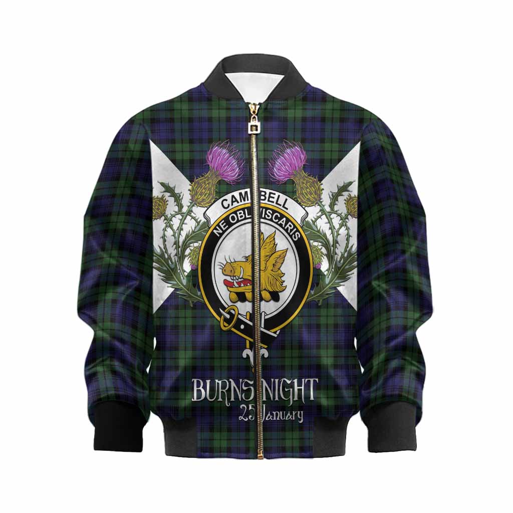 Campbell Tartan Family Crest Kid Bomber Jacket Scottish Burns Night Thistle Floral