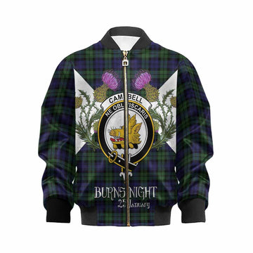 Campbell Tartan Family Crest Kid Bomber Jacket Scottish Burns Night Thistle Floral