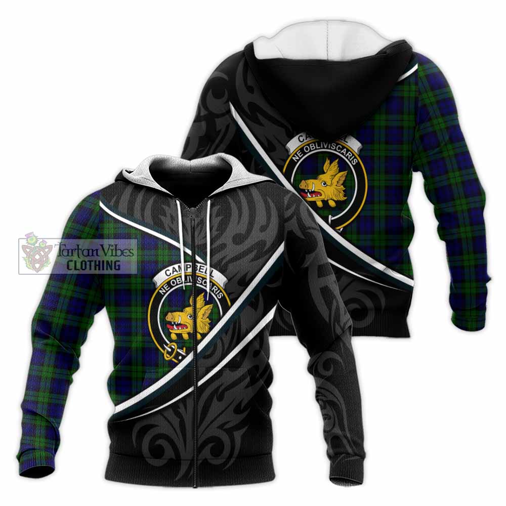 Campbell Tartan Family Crest Knitted Hoodie Celtic Scottish Thistle Floral - Tartan Vibes Clothing