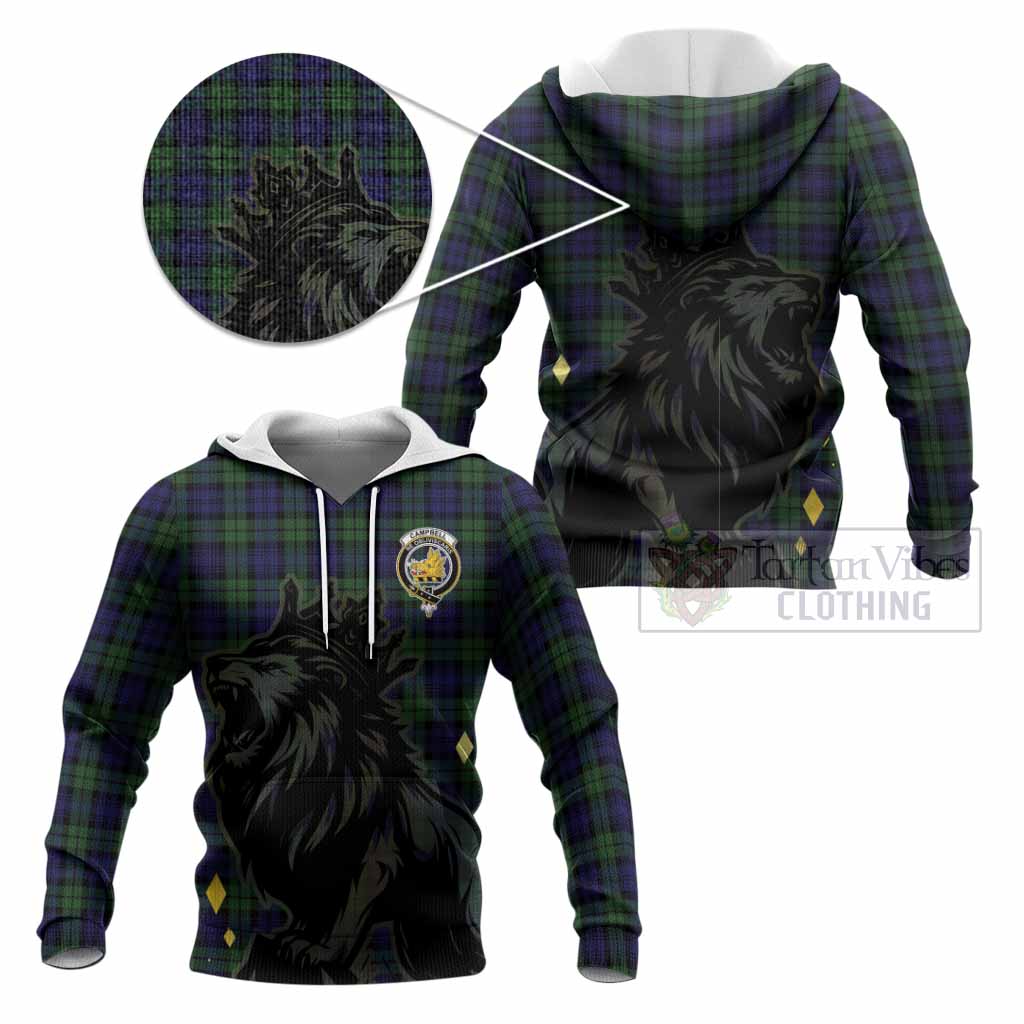 Campbell Tartan Family Crest Knitted Hoodie Crowned Lion Roaring