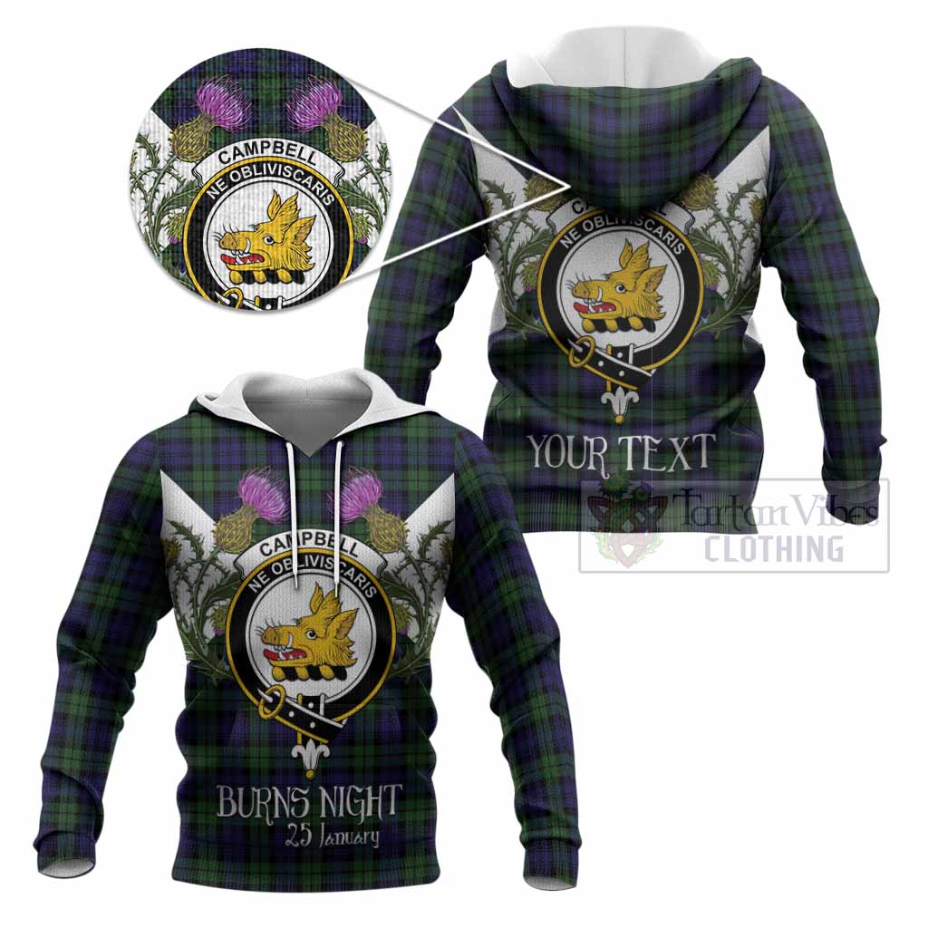 Campbell Tartan Family Crest Knitted Hoodie Scottish Burns Night Thistle Floral