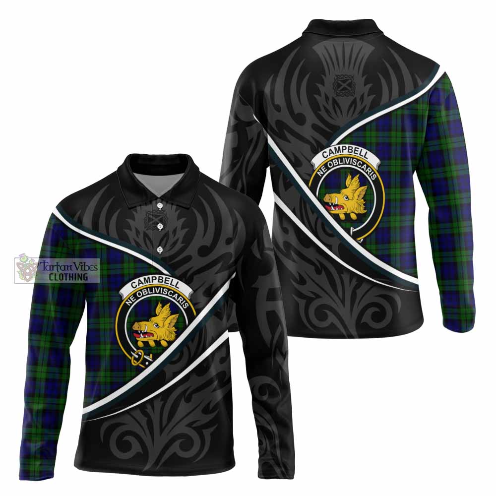 Campbell Tartan Family Crest Long Sleeve Polo Shirt Celtic Scottish Thistle Floral - Tartan Vibes Clothing