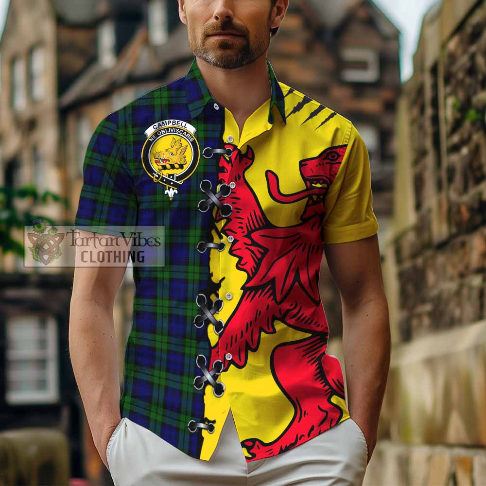 Campbell Tartan Family Crest Short Sleeve Button Shirt Lion Rampant Honor - Tartan Vibes Clothing