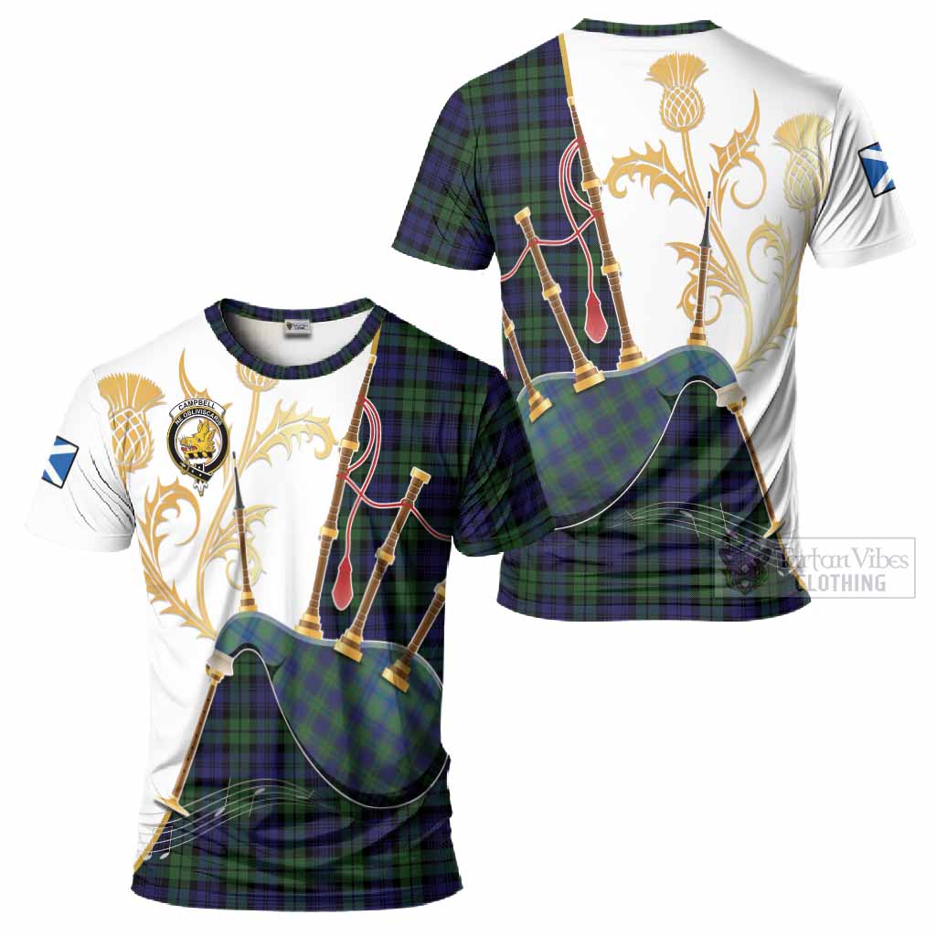 Campbell Tartan Family Crest T-Shirt Bagpipes with Scottish Thistle