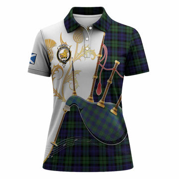 Campbell Tartan Family Crest Women Polo Shirt Bagpipes with Scottish Thistle