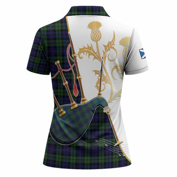 Campbell Tartan Family Crest Women Polo Shirt Bagpipes with Scottish Thistle