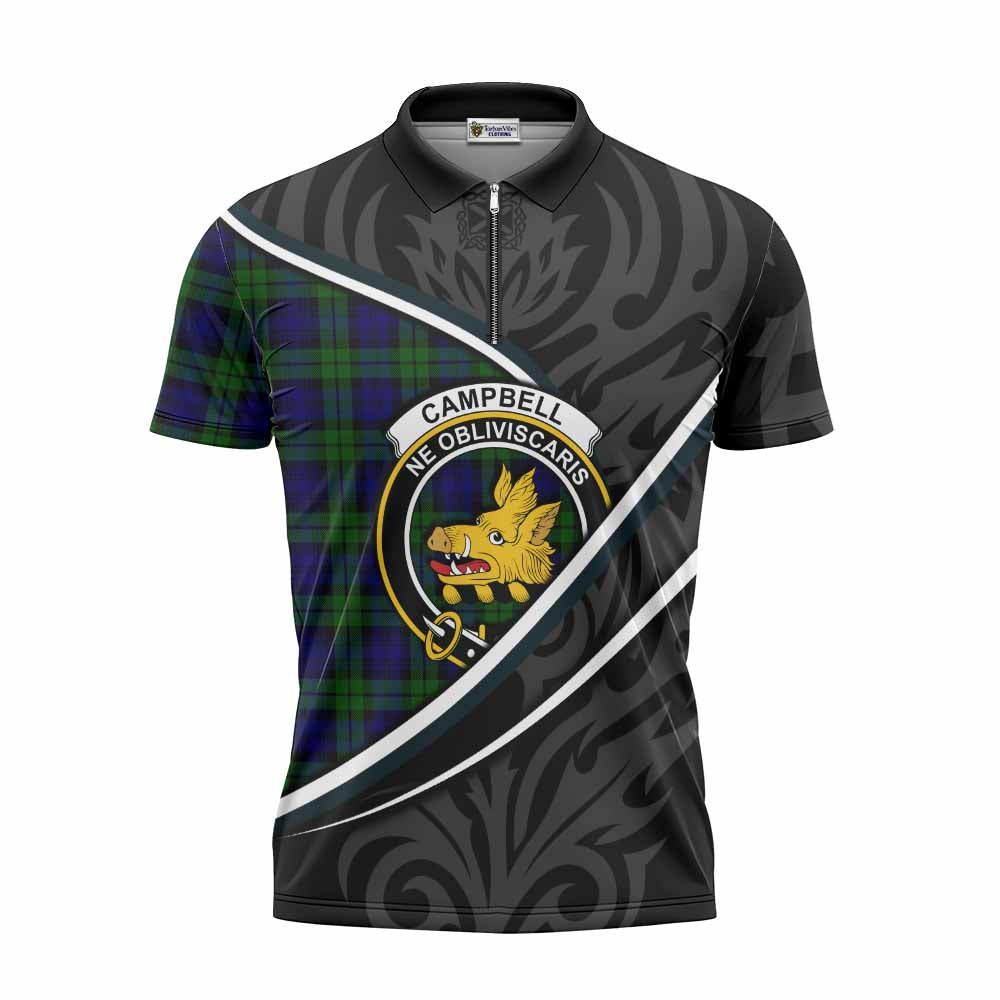 Campbell Tartan Family Crest Zipper Polo Shirt Celtic Scottish Thistle Floral - Tartan Vibes Clothing