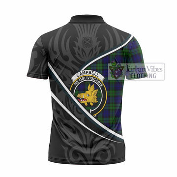 Campbell Tartan Family Crest Zipper Polo Shirt Celtic Scottish Thistle Floral
